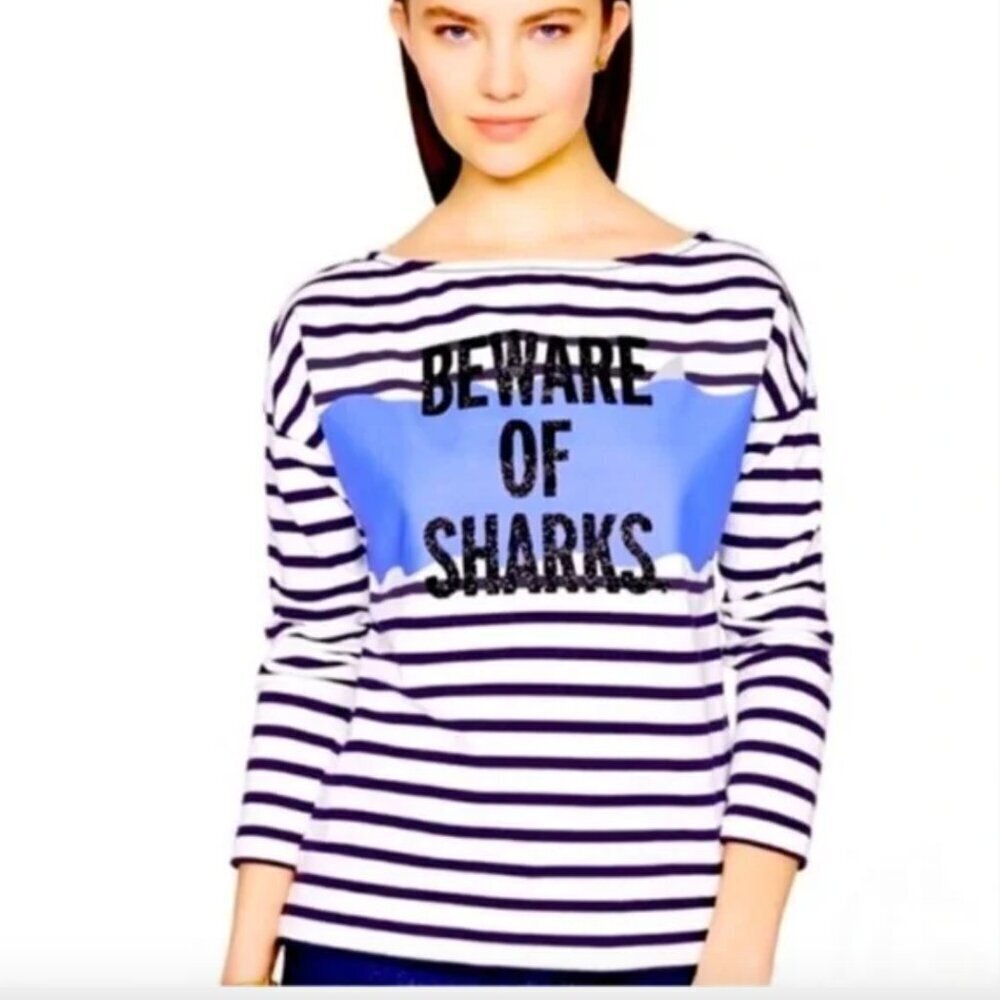 Kate Spade Beware of Sharks Shirt Boatneck Top 3/4 Sleeve Striped Black White XS